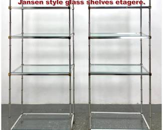 Lot 774 2pc Chrome and brass MAISON Jansen style glass shelves etagere. 