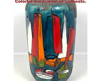 Lot 612 Large Mid Century Modern Vase. Colorful decoration of sailboats. 