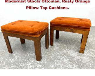 Lot 862 Pr Burl Walnut Wood Frame Modernist Stools Ottoman. Rusty Orange Pillow Top Cushions. 