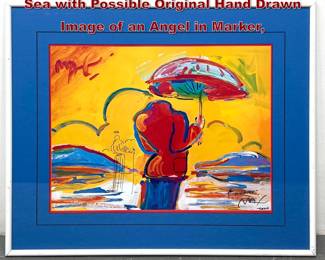 Lot 1009 Peter Max Poster Umbrella Man At Sea with Possible Original Hand Drawn Image of an Angel in Marker, 