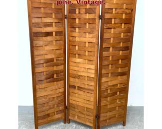Lot 1180 Woven slat Screen. 3 panels hinged pine. Vintage.
