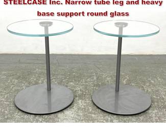 Lot 672 Pr COALESSE Glass Top Side Tables. STEELCASE Inc. Narrow tube leg and heavy base support round glass