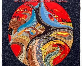 Lot 946 AREDI S 81 abstract colorful fabric art. Stretched on wood frame. 