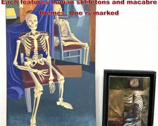 Lot 925 2pc Mid Century Skeleton Paintings. Each features human skeletons and macabre themes. One is marked 