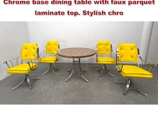 Lot 1147 5pc CONTEMPO Dining Set. Round Chrome base dining table with faux parquet laminate top. Stylish chro