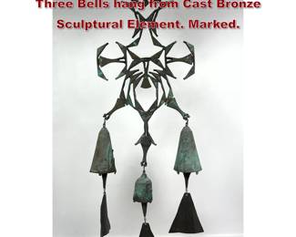 Lot 918 PAOLO SOLERI Bronze Wind Bell. Three Bells hang from Cast Bronze Sculptural Element. Marked. 