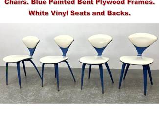 Lot 1131 Set 4 NORMAN CHERNER Plycraft Chairs. Blue Painted Bent Plywood Frames. White Vinyl Seats and Backs.