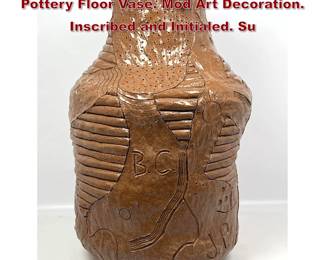 Lot 635 Very Large Coiled Glazed Ceramic Pottery Floor Vase. Mod Art Decoration. Inscribed and Initialed. Su