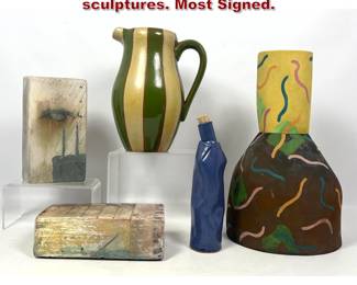 Lot 656 5pcs Artisan Pottery. Vase, Pitcher, sculptures. Most Signed. 