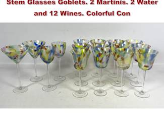 Lot 764 Set 16 Artisan Studio Art Glass Stem Glasses Goblets. 2 Martinis. 2 Water and 12 Wines. Colorful Con