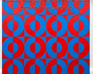 Lot 916 TIM RAY FISHER Signed Op Art Painting. Modernist Red and Blue Painting. Rings in Squares. Signed. 