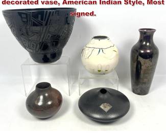 Lot 617 5pcs Artisan Art Pottery. Mark Kuzio decorated vase, American Indian Style, Most signed. 