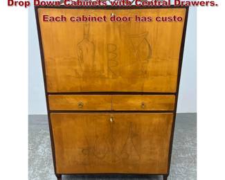 Lot 834 Italian Modern Bar Cabinet. Two Drop Down Cabinets with Central Drawers. Each cabinet door has custo