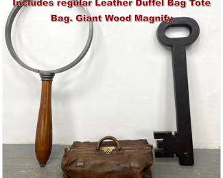Lot 799 3pc Oversized Sculpture Design Lot. Includes regular Leather Duffel Bag Tote Bag. Giant Wood Magnify