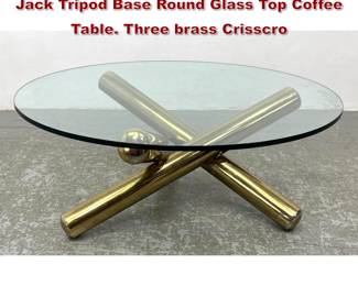 Lot 1037 Large Thick Brass Spikes to Form Jack Tripod Base Round Glass Top Coffee Table. Three brass Crisscro