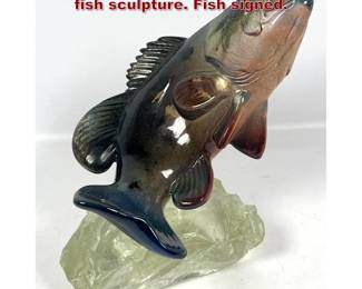Lot 693 French ceramic and carved glass fish sculpture. Fish signed.