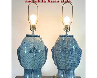 Lot 1099 Pair Blue pottery fish lamps. Blue and white Asian style.