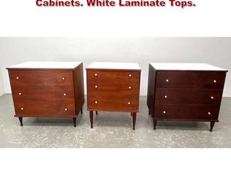 Lot 1160 3pcs American Modern Dresser Cabinets. White Laminate Tops. 