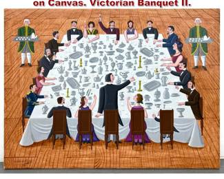 Lot 678 Oscar De Mejo 1985 Acrylic Painting on Canvas. Victorian Banquet II. 