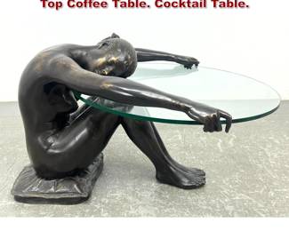 Lot 1029 Bronze Female Nude Holding Glass Top Coffee Table. Cocktail Table. 