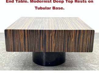 Lot 857 Exotic Faux Wood Square Low Side End Table. Modernist Deep Top Rests on Tubular Base. 