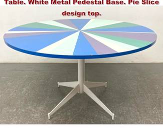 Lot 1153 Colorful Op Art Pedestal Dining Table. White Metal Pedestal Base. Pie Slice design top. 