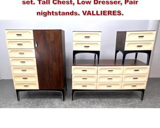 Lot 848 4 pc Plastic and Rosewood Bedroom set. Tall Chest, Low Dresser, Pair nightstands. VALLIERES. 