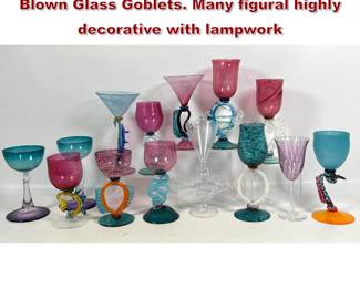 Lot 765 Collection 14 Artisan Studio Hand Blown Glass Goblets. Many figural highly decorative with lampwork 