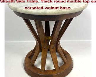 Lot 670 Dunbar style Marble Top Wheat Sheath Side Table. Thick round marble top on corseted walnut base.