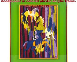 Lot 755 Vintage Purple Pony Horse needlepoint in colored plastic acrylic frame. Marked RALPH. 