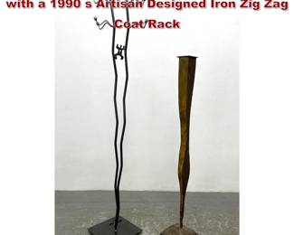 Lot 1020 2pcs David Coddaire Tall Iron Vase with a 1990 s Artisan Designed Iron Zig Zag Coat Rack