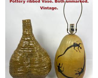 Lot 787 2pc Lot. Pottery Lizard Lamp and Art Pottery ribbed Vase. Both unmarked. Vintage.