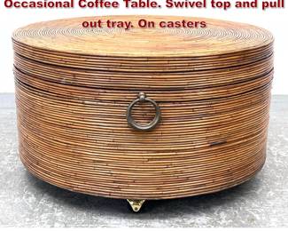 Lot 803 Gabriella Crespi Style Pencil Reed Occasional Coffee Table. Swivel top and pull out tray. On casters