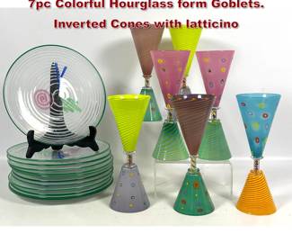 Lot 770 19pc Collection Studio Art Glass. 7pc Colorful Hourglass form Goblets. Inverted Cones with latticino