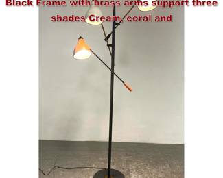 Lot 637 Lightolier Three Arm Floor Lamp. Black Frame with brass arms support three shades Cream, coral and 