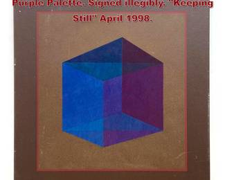 Lot 905 Modernist Op Art Painting. Blue, Purple Palette. Signed illegibly. Keeping Still April 1998. 