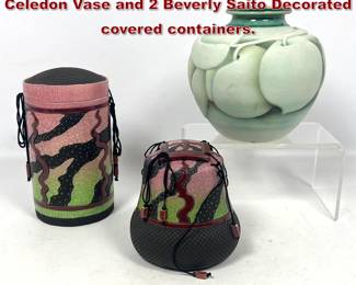Lot 653 3pcs Art Pottery. K.E. Narrow Celedon Vase and 2 Beverly Saito Decorated covered containers. 