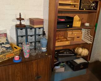 Office items and books shelf and storage cabinet