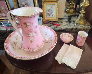 Beautiful Pitcher and Basin with matching cup and soap dish as well as 2 linen towels