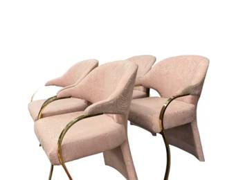 $3200 USD     4 Vintage Carson's Art Deco Hollywood Regency Brass Pink Chairs EK221-195    4 Vintage Hollywood Regency upholstered Carson’s armchairs in great modern form, featuring a brass cantilever frame with a barrel backrest. Detailed raised soft padded seat cushion in original lush rose upholstery, and continuous arm to leg design with curved sculpted brass arms making it an extremely comfortable, supportive frame. Manufactured label is present on underside by Carson’s. These stunning chairs are a standout in any modern room and can be used as an end chairs at a dining table, lounge or club chairs in a  living room or even as a desk chairs.

Dimensions: 22.5 x 24 x 34"H

Condition: Very Good Condition

Local pick up Merrifield, VA.  Please contact us for shipper suggestions.      https://goodbyhello.com/products/wood-nightstand-ek221-194-copy?_pos=105&_sid=1b1be3ab6&_ss=r