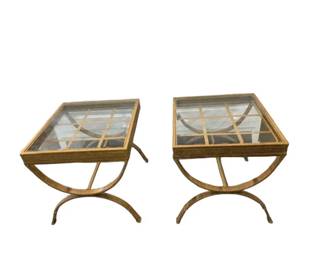 $100 USD     Pair Tin Glass Top Lattice X Frame Side End Tables Nightstands EK221-211     Elevate your living space with these luxurious Pair Tin Glass Top Lattice X Frame Side End Tables Nightstands. Crafted with a chic design and durable materials, these tables add style and functionality to any room. The unique lattice X frame adds a touch of sophistication and the glass top provides a sleek, modern look. Upgrade your home decor today.

Dimensions: 24 x 22 x 22"H

Condition: Very Good Condition.   

Local pick up Merrifield, VA.  Please contact us for shipper suggestions.