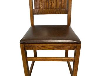 $80 USD     Vintage Mission-Style Slat Back Solid Oak Chair EK221-38    Sit back and relax in style with our Vintage Mission-Style Slat Back Solid Oak Chair. Crafted from sturdy oak and designed with a unique slat back, this chair exudes timeless charm. Perfect for adding a touch of elegance to any room. Take a seat and enjoy the classic comfort of our vintage chair.

Dimensions: 18 x 17 x 34"H  Seat = 18

Condition: Good condition. Structurally, excellent.  One small tear in leather seat

Local pick up Merrifield, VA.  Contact us for shipper suggestions.      https://goodbyhello.com/products/copy-of-young-finkle-mission-desk-w-faux-leather-top-ek221-37?_pos=71&_sid=79946e5dc&_ss=r