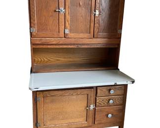 $320 USD     Vintage Solid Oak Hoosier Cabinet EK221-1     This is a solid oak two piece unit Hoosier cabinet in very good condition with sliding tambour roll down top and pull out porcelain work surface.

Dimensions: 39 x 26 x 69"H

Condition: Good.  See photos for details

Local pick up Merrifield, VA.  Contact us for shipper suggestions.     https://goodbyhello.com/products/pie-safe-ek221-1?_pos=8&_sid=79946e5dc&_ss=r