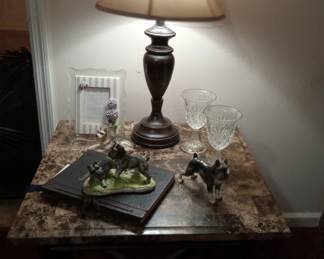 One of a pair of lamps, Leaves of Gold book, porcelain Schnauzer dogs, candle holders