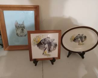 Schnauzer lovers this is for you. Homer Laughlin plate, Schnauzer tile framed, cross stitch Schnauzer
