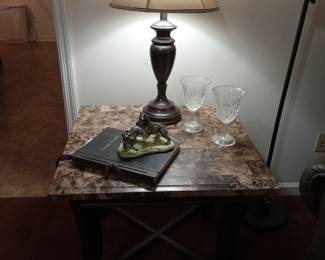 One of two marble top end tables, lamp, Golden Leaves book, Schnauzer collectibles