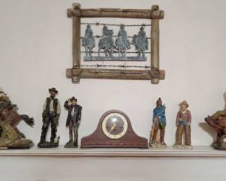 Western figurines, Welby mantle clock. Wood framed metal wall hanging.