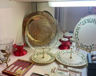 Lenox Holiday pattern cake plate, small & large servers, cake server, and 8 napkin holders, train engine spoon rest, etc