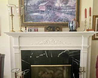 Large framed art, brass candle holders, ceramic, porcelain