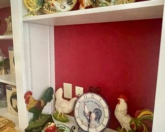 Brass items, framed gilded mirrors, Avon Bicentennial collectible plates, and more roosters